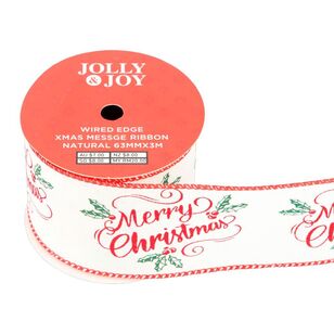 Jolly & Joy Christmas Message 63 mm Wired Edge Ribbon Natural 63 mm x 3 m