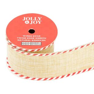 Jolly & Joy Christmas Twin Edge 63 mm Wired Edge Ribbon Natural 63 mm x 3 m