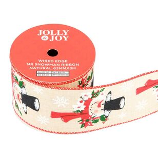 Jolly & Joy Mr Snowman 63 mm Wired Edge Christmas Ribbon Natural 63 mm x 3 m