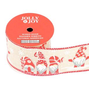 Jolly & Joy Christmas Gnomes 63 mm Wired Edge Ribbon Natural 63 mm x 3 m