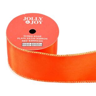 Jolly & Joy Plain Satin 63 mm Wired Edge Christmas Ribbon Red 63 mm x 3 m