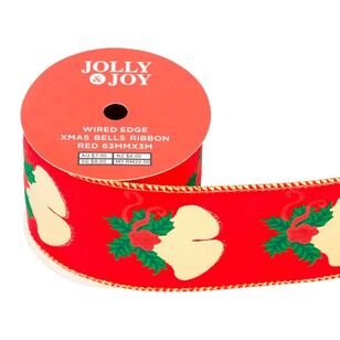 Jolly & Joy Christmas Bells 63 mm Wired Edge Ribbon Red 63 mm x 3 m