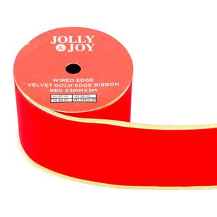 Jolly & Joy Velvet Gold Edge 63 mm Wired Edge Ribbon Red 63 mm x 3 m