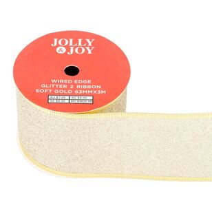 Jolly & Joy Glittery Christmas 63 mm Wired Edge Ribbon Soft Gold 63 mm x 3 m