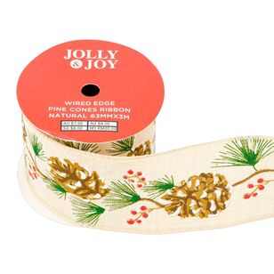 Jolly & Joy Christmas Pine Cones 63 mm Wired Edge Ribbon Natural 63 mm x 3 m