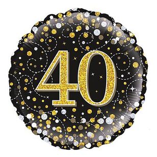 Oaktree Sparkling Fizz Black & Gold 40th Celebration Round Foil Balloon Multicoloured