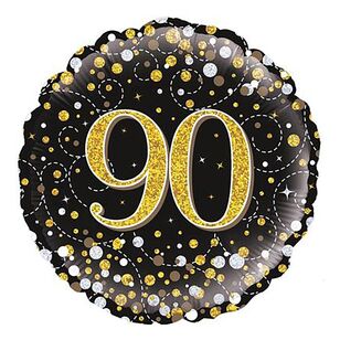 Oaktree Sparkling Fizz Black & Gold 90th Celebration Round Foil Balloon Multicoloured