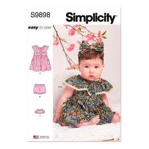 Simplicity S9898 Babies' Dress, Panty and Headband Pattern White XXS - L