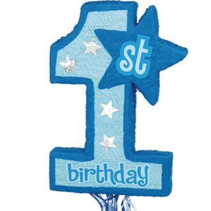 Blue 1st Birthday 3D Shape Pull String Pinata Multicoloured