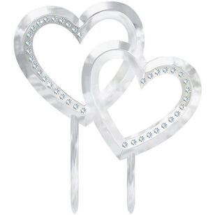 Cake Topper Double Heart with Gems Plastic Silver