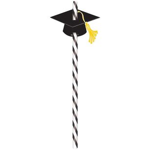 Paper Straws with Black Graduation Caps Multicoloured